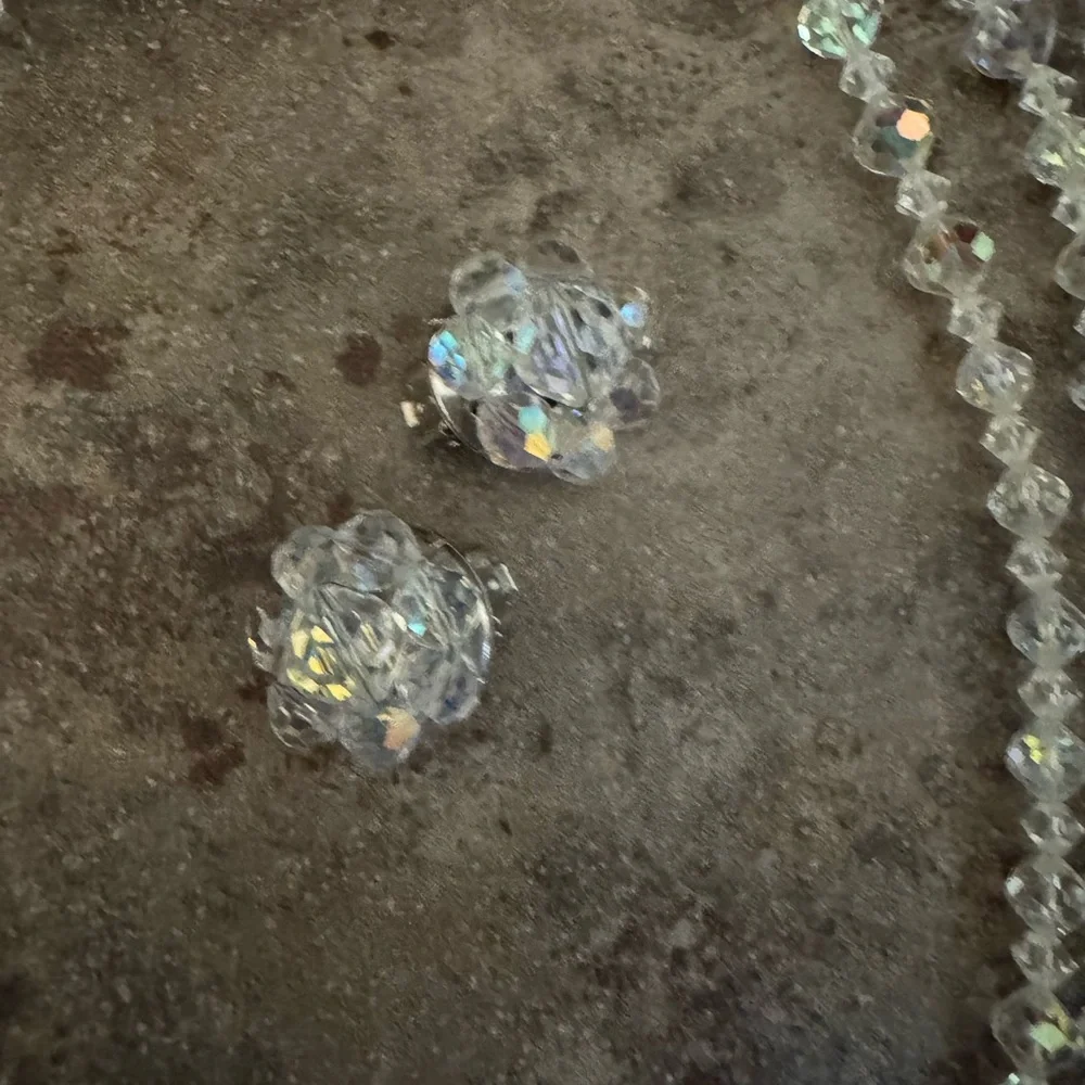 Vintage Crystal Necklace 3 Strands Clip On Earrings Aurora Borealis Set Art Deco